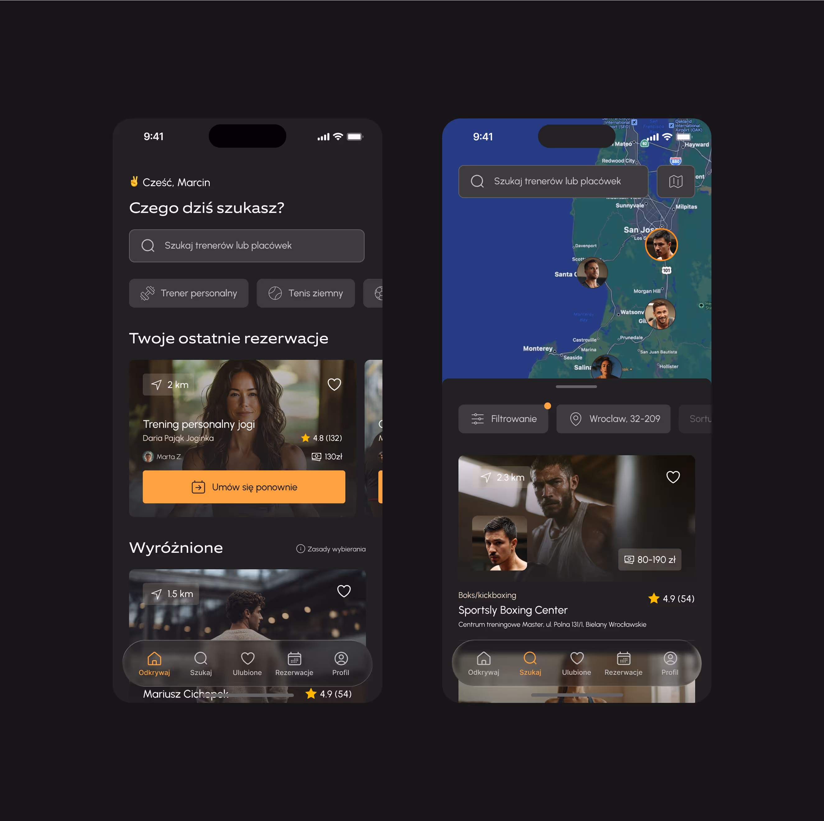 Ekran startowy i wyszukiwania w aplikacji