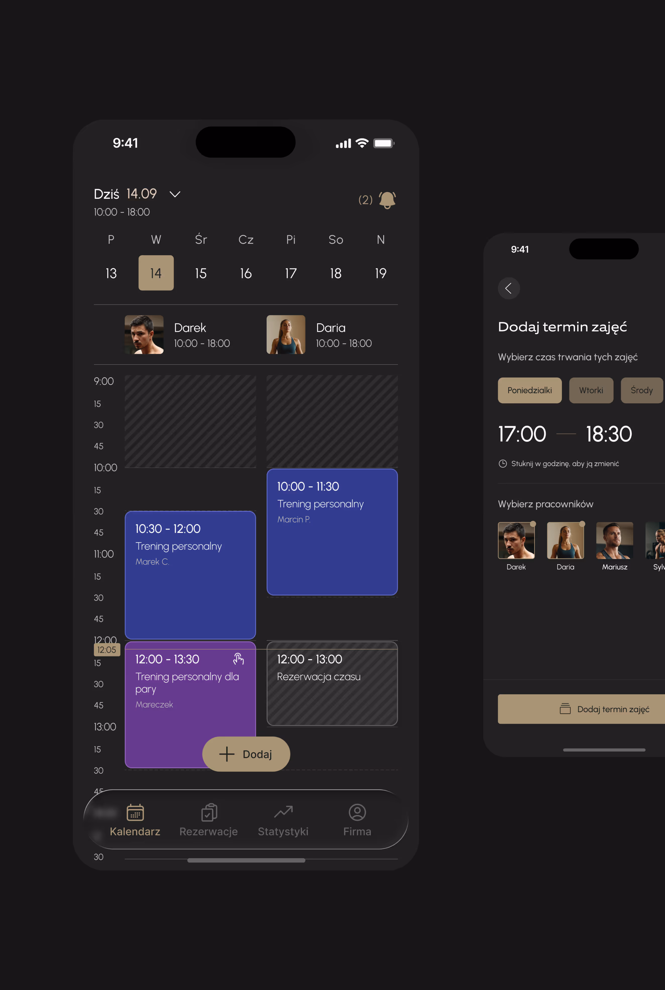 Ekran kalendarza aplikacji do rezerwacji