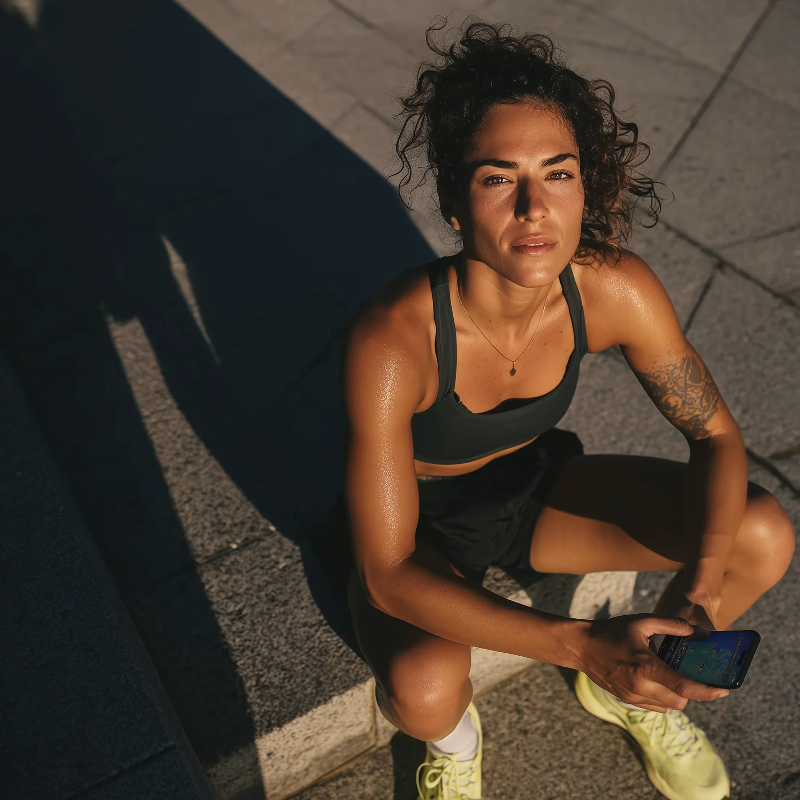 biegaczka trzyma telefon z aplikacją