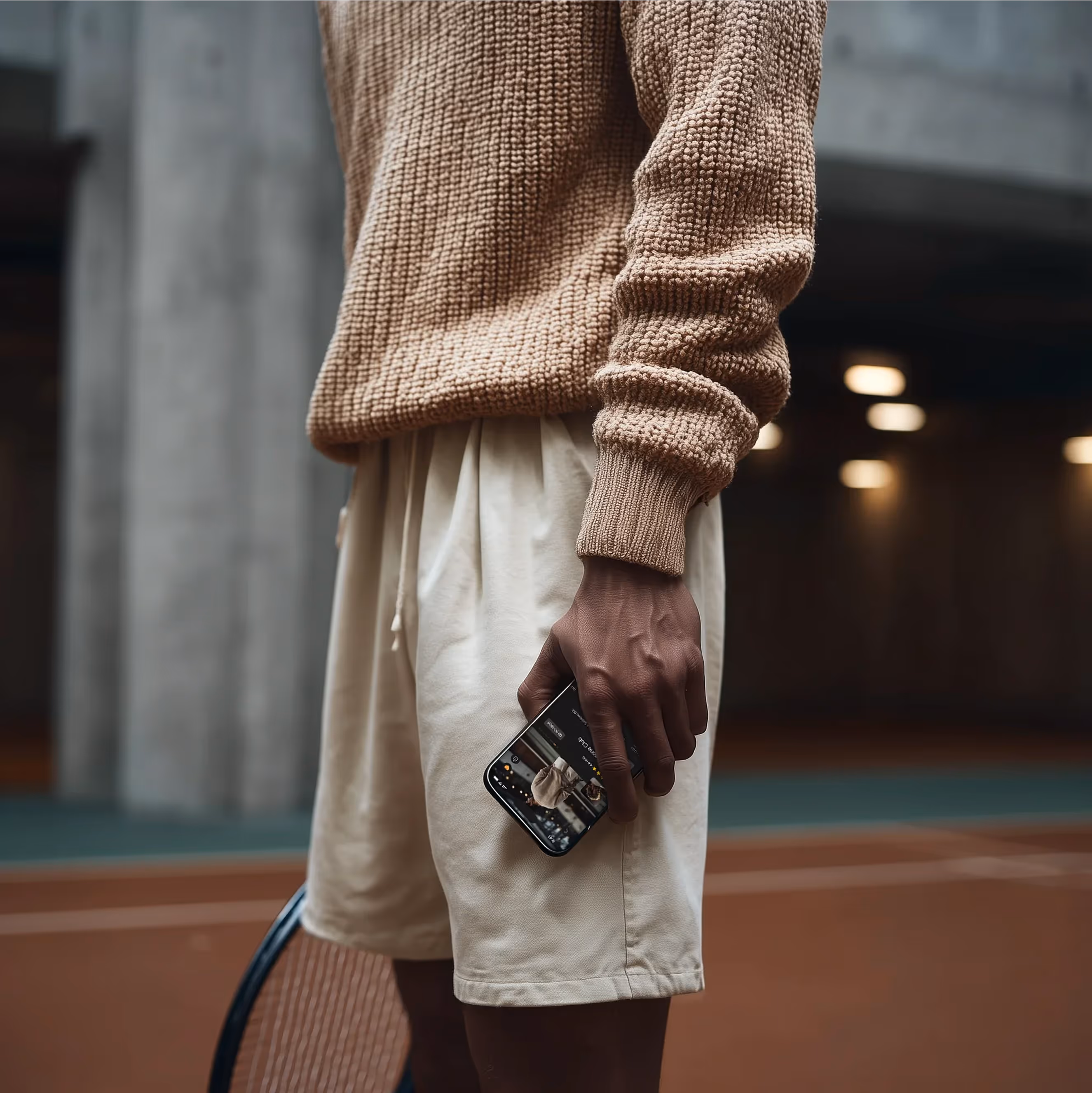 Trener tenisa trzyma telefon z aplikacją do rezerwacji treningów